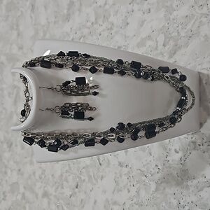 Multi-Chain Strand Necklace with Black & Silver Beads with Matching Earrings